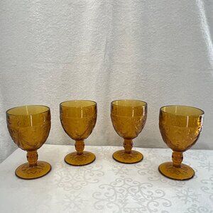Tiara Indiana Glass Amber Goblets Sandwich Pattern Set/4 3 1/4" Diameter x 5 3/8